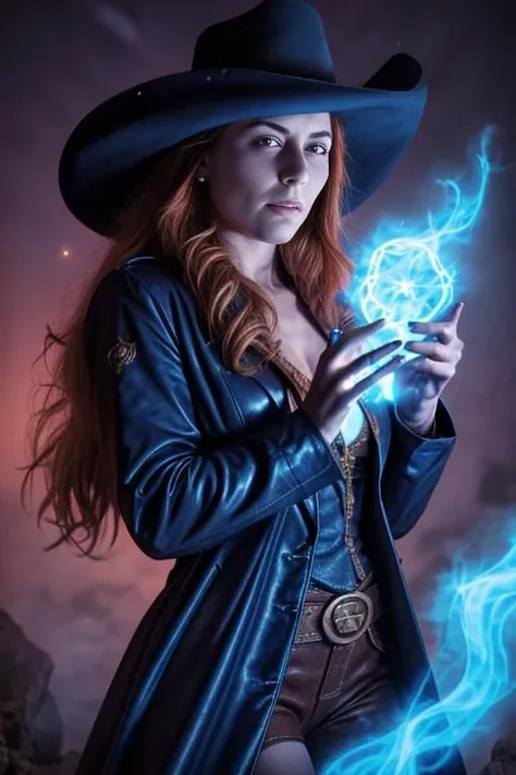 Digital Illustration, Weird West Cowgirl sorceress with eldritch blue flames rising from her hands, star-filled night sky, her duster jacket billowing in the wind,(high detailed skin:1.2), 8K UHD, DSLR, Soft Lighting, Best Quality, Film Grain, Fujifilm XT3 <lora:PainterlyComicStyle:0.58><lora:BreastInClass-AsianFlatChest_v10:0.58>