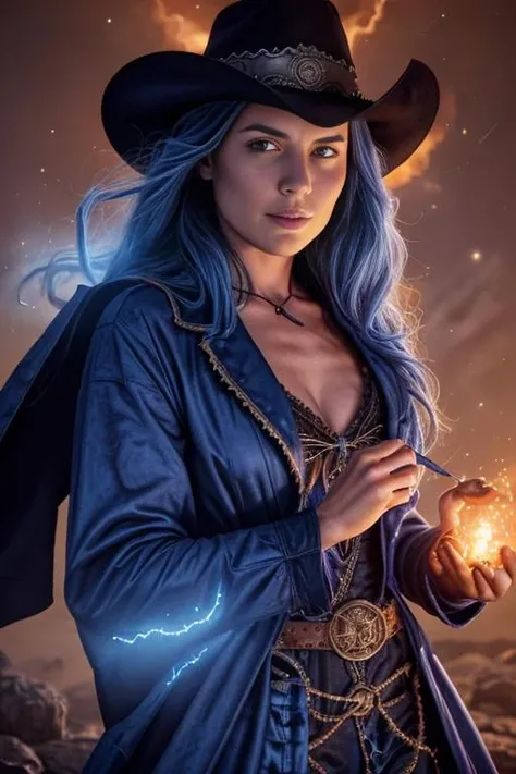 Digital Illustration, Wild West Cowgirl sorceress with eldritch blue flames rising from her hands, star-filled night sky, her duster jacket billowing in the wind,(high detailed skin:1.2), 8K UHD, DSLR, Soft Lighting, Best Quality, Film Grain, Fujifilm XT3 <lora:PainterlyComicStyle:0.58><lora:BreastInClass-AsianFlatChest_v10:0.58>