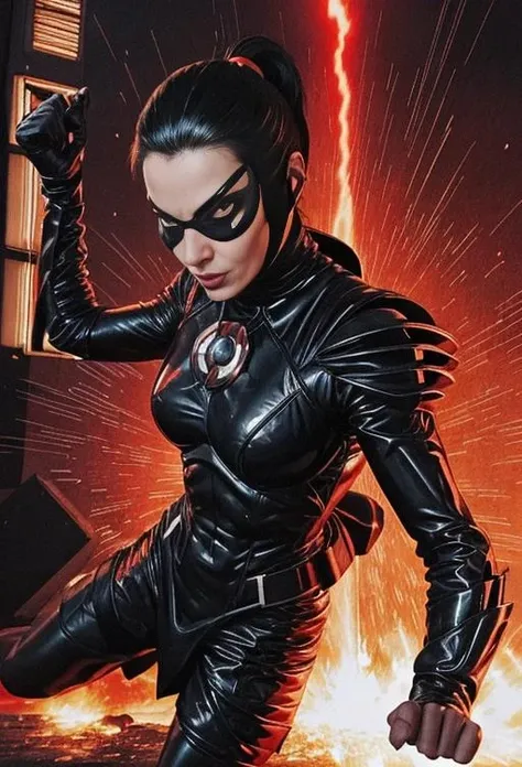 Photo of a female supervillain, action pose, about to throw a plasma grenade into a crowd, black and red costume <lora:PainterlyComicStyle-V2-20:0.7><lora:BreastInClass-AsianFlatChest_v10:0.58>
