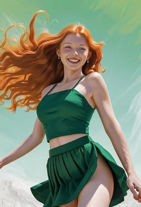 Digital illustration of a ginger woman in a flowing emerald green dress, twirling in the sun on a perfect spring day, skirt lifted by the breezy, shy smile on her face <lora:PainterlyComicStyle-V2-30:0.58><lora:BreastInClass-AsianFlatChest_v10:0.58>