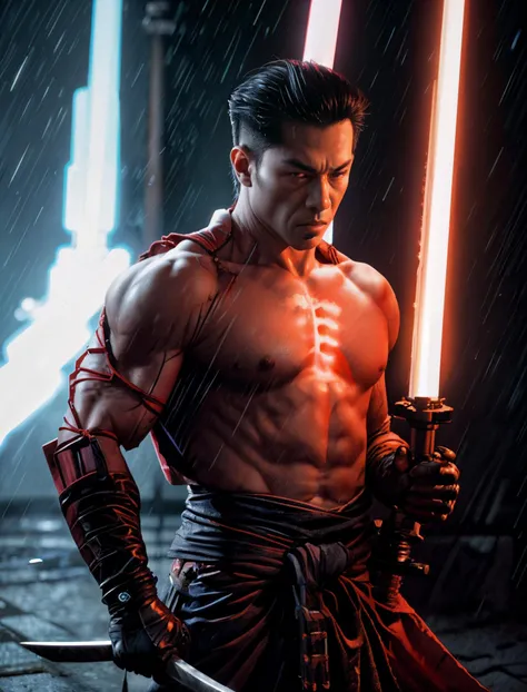 zoomed-out Digital Illustration, cyber samurai wielding a plasma katana, neon-washed back alley, raining, (high detailed skin:1.2), 8K UHD, DSLR, Soft Lighting, Best Quality, depth-of-field, Film Grain, Fujifilm XT3 <lora:PainterlyComicStyle:0.45> <lora:BreastInClass-AsianFlatChest_v10:0.58>