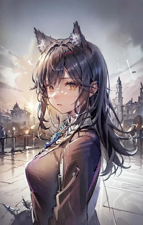 (masterpiece, finely detailed beautiful eyes: 1.2),volumetric lighting, multi-color eyes, detailed eyes, hyper detailed, highly detailed, beautiful, small details, ultra detailed, best quality, intricate, hyperrealism, sharp, digital illustration, detailed, realism, intricate, 4k, 8k, trending on artstation, good anatomy, beautiful lighting, award-winning, photorealistic, realistic shadows, realistic lighting, beautiful lighting, raytracing, intricate details, masterpiece, (illustration:1.1), highres, (extremely detailed CG, unity, 8k wallpaper:1.1), beautiful face, highly detailed face, ultra realistic, masterpiece, bokeh, extremely detailed, intricate, zoomout, colorful, vibrant colors, (in the rain:1.1),rainy day,(cloudy:1.4), (on the street, looking at the viewer),top view angle,1girl,omertosa, breasts,medium breasts, solo,(upper body:1.4),(amimia, expressionless, a cold expression),backlight, ice tones,sword, with a sword, no umbrella, <lora:arknightsTexasThe_v10:0.8>, <lora:Colorwater_v4:0.8>