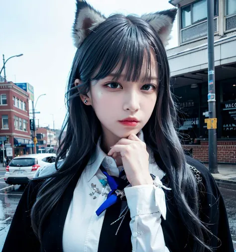 (8k, RAW photo, best quality, masterpiece:1.2), (realistic, photo-realistic:1.37), night, 1girl, ((omertosa)), (head), wolf ears, wolf girl, black hair, (cowboy shot), (Kpop idol), (aegyo sal:1), street, rain, wet, professional lighting, photon mapping, radiosity, physically-based rendering, red eyes, black sontag, black jacket, white sleeves, white shirt, (blue necktie), gucci gangs, gucci gangs, wolf ears,
