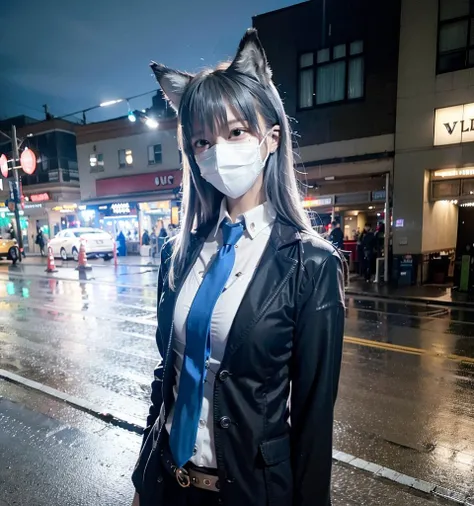 (8k, RAW photo, best quality, masterpiece:1.2), (realistic, photo-realistic:1.37), (at night), 1girl, ((omertosa)), (head), wolf ears, wolf girl, black hair, (cowboy shot), (Kpop idol), (aegyo sal:1), street, rain, wet, professional lighting, photon mapping, radiosity, physically-based rendering, black sontag, black trendy mask, black jacket, white sleeves, white shirt, (((blue necktie))), gucci gangs, gucci gangs, wolf ears, hands behind back,