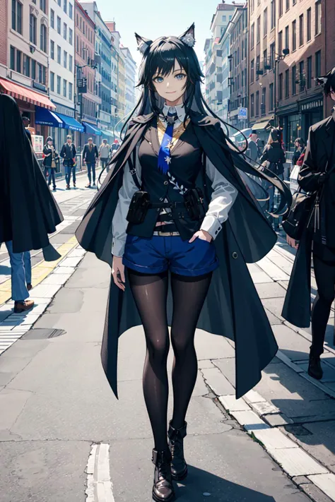 cowboy shot,light smile, ((city)),(normal people walking on the streets in the background),((wide streets)),hands in the pocket
full body,closed mouth, smiling,(very beautiful eyes:0.8),complex details
texas (arknights), animal ears, pantyhose,outdoors, shorts, long hair, wolf ears, blue eyes, black hair, shirt, looking at viewer, black vest, long sleeves, white shirt, animal ear fluff, vest, blue shorts, cowboy shot, 1girl, pantyhose under shorts, black cape, cape, collared shirt, necktie,black jacket, building, street,
SFW, (masterpiece:1,2), best quality, masterpiece,extremely detailed wallpaper, perfect lighting,(extremely detailed CG:1.2),