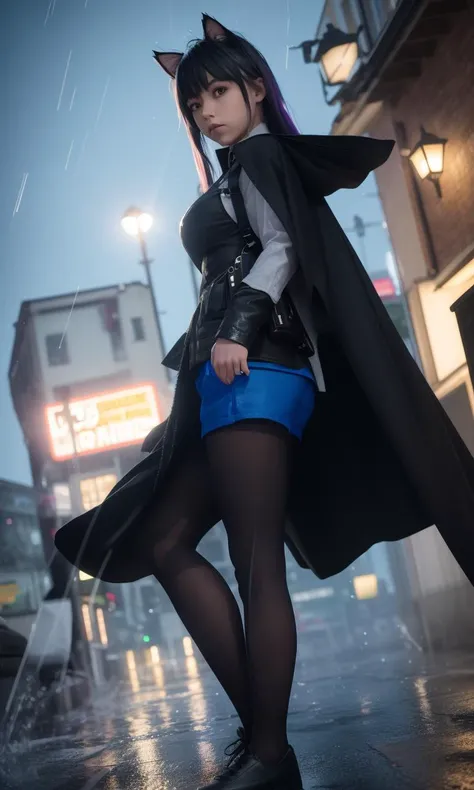 (8k, raw photo, best quality):1.2, masterpiece, realistic, photo-realistic, (omertosa):1.2, 1girl, solo, (bangs), black cloak, black shorts, sports shoes, (cityscape):1.2, (neon lights):1.2, night, rain, wet, professional lighting, photon mapping, radiosity, physically-based rendering, Black pantyhose