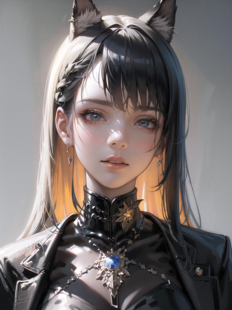 A woman with long hair wearing a black outfit and cat ears - SeaArt AI