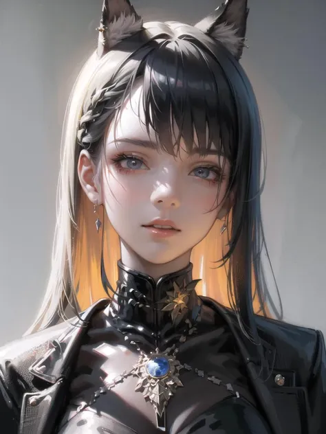 A woman with long hair wearing a black outfit and cat ears - SeaArt AI