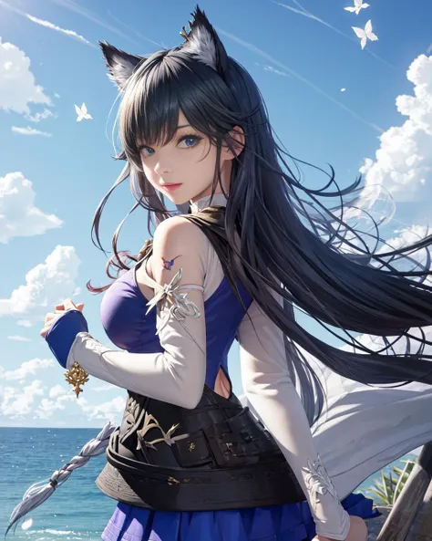 1girl, nilou (genshin impact), back tattoo, solo, long hair, red hair, veil, flower, looking at viewer, bangs, vision (genshin impact), skirt, tattoo, pink flower, long sleeves, smile, crop top, hair ornament, water, puffy sleeves, bare back, puffy long sleeves, breasts, back, thighlet, horns, parted bangs, jewelry, blue eyes, parted lips, floating hair, twintails, clothing cutout, gem, harem outfit, circlet, hair flower, looking back, gold trim, aqua eyes, medium breasts, fake horns, sidelocks, bracer, cowboy shot, detached sleeves, blue gemstone, from behind, long hair, breasts, blue eyes, cloud, flower, cleavage, dress, looking at viewer, white hair, water, bangs, sky, parted lips, shoulder armor, butterfly, hair ornament, medium breasts, white background, blue sky, armor, bug, cleavage cutout, blue flower, floating hair, black dress
<lora:arknightsTexasThe_v10:1>