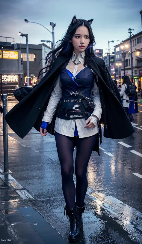 (8k, RAW photo, best quality, masterpiece:1.2), (realistic, photo-realistic:1.37), ultra-detailed,<lora:arknightsTexasThe_v10:1.2>,head,omertosa,full body,1 girl,<lora:oliviaMunnLora_v10:0.6>, solo,beautiful detailed sky,detailed tokyo street,night,small breasts,beautiful detailed eyes,beautiful detailed lips,floating hair,professional lighting, photon mapping, radiosity, physically-based rendering,