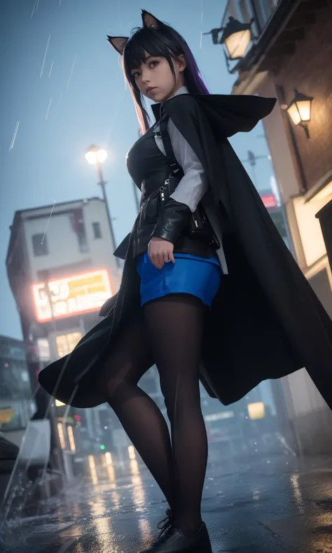 (8k, raw photo, best quality):1.2, masterpiece, realistic, photo-realistic, (omertosa):1.2, 1girl, solo, (bangs), black cloak, black shorts, sports shoes, (cityscape):1.2, (neon lights):1.2, night, rain, wet, professional lighting, photon mapping, radiosity, physically-based rendering, Black pantyhose