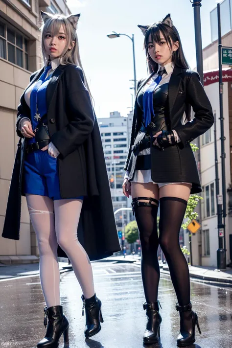 one girl, long ponytail, high ponytail, masterpiece, black or blue necktie, best quality,(8k, RAW photo, best quality, masterpiece:1.2), (realistic, photo-realistic:1.37),1girl, (K-pop idol),(aegyo sal:1), ((puffy eyes)) thigh highs, medium breasts ,(full body), looking at viewer, facing front, shiny legwear, cityscape, professional lighting, photon mapping, radiosity, physically-based rendering, night, rain, wet, wolf ears, light smile, full-face-blush, gloom \(expression\), annoyed, unhappy, long coat, black coat, Knee-length coat, rain, perfect lighting, Tokyo afterschool summoners, freckles, star earrings, Tokyo street, castle, arknights, black footwear, Black stockings, seaside, ocean, Gothic style dresses
