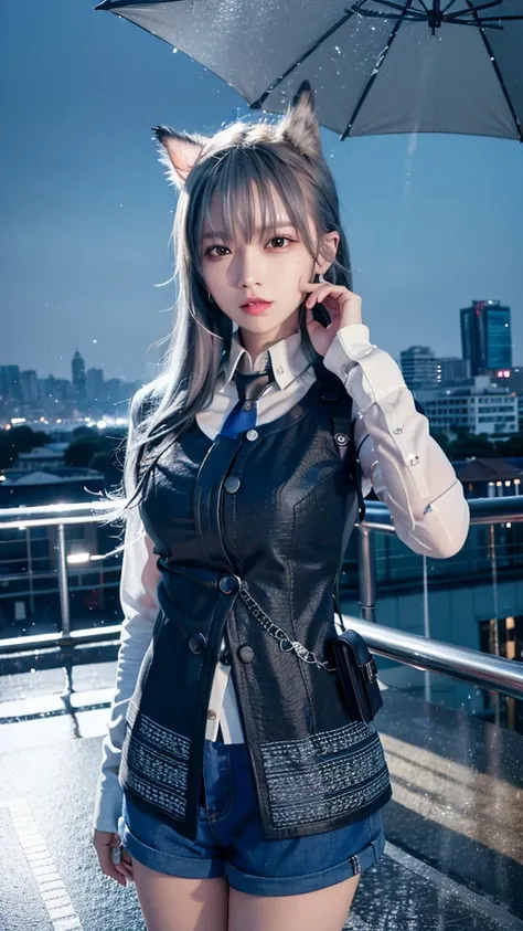 (8k, RAW photo, best quality, masterpiece:1.2), (realistic, photo-realistic),omertosa,1girl,(Kpop idol),cute,cityscape, night, rain, wet, professional lighting, photon mapping, radiosity, physically-based rendering,