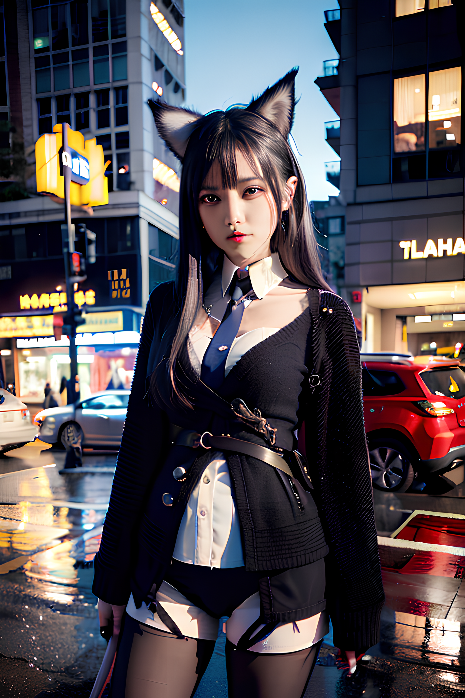 There is a woman in a cat suit and tie on the street - SeaArt AI