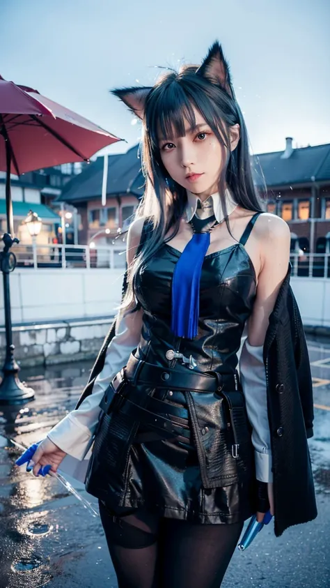 (8k, RAW photo, best quality, masterpiece:1.1), (realistic, photo-realistic), omertosa,1girl,arknights,cute,cityscape, night, rain, wet, city street, standing facing viewer, black hair,open clothes,bare_shoulders, blue skirt,black stockings, professional lighting, photon mapping, radiosity, physically-based rendering,