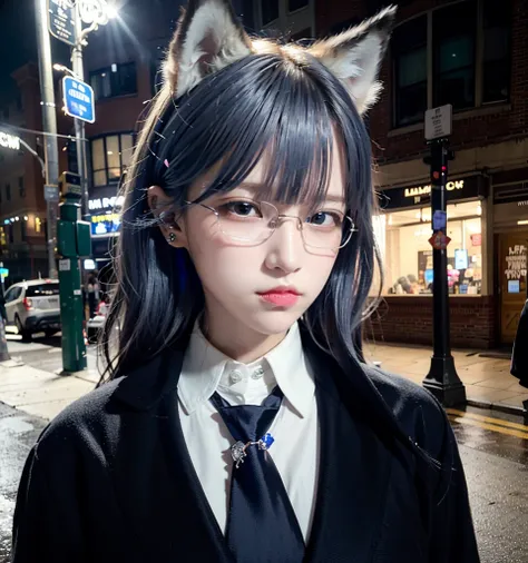(8k, RAW photo, best quality, masterpiece:1.2), (realistic, photo-realistic:1.37), (at night), 1girl, ((omertosa)), (head), from above, wolf ears, wolf girl, black hair, (upper body), (Kpop idol), (aegyo sal:1), street, rain, wet, professional lighting, photon mapping, radiosity, physically-based rendering, ((glasses)), black coat, (((blue necktie))), gucci gangs, gucci gangs, wolf ears, hands behind back, shadow on face,
