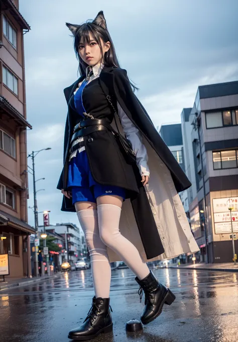 one girl, long ponytail, high ponytail, masterpiece, best quality,(8k, RAW photo, best quality, masterpiece:1.2), (realistic, photo-realistic:1.37),1girl, (K-pop idol),(aegyo sal:1), ((puffy eyes)) thigh highs, medium breasts ,(full body), looking at viewer, facing front, shiny legwear, cityscape, professional lighting, photon mapping, radiosity, physically-based rendering, night, rain, wet, wolf ears, light smile, full-face-blush, gloom \(expression\), annoyed, unhappy, long coat, black coat, Knee-length coat, rain, katana by side, long Japanese sword, perfect lighting, Tokyo afterschool summoners, freckles, star earrings, Tokyo street, castle, arknights, black footwear,