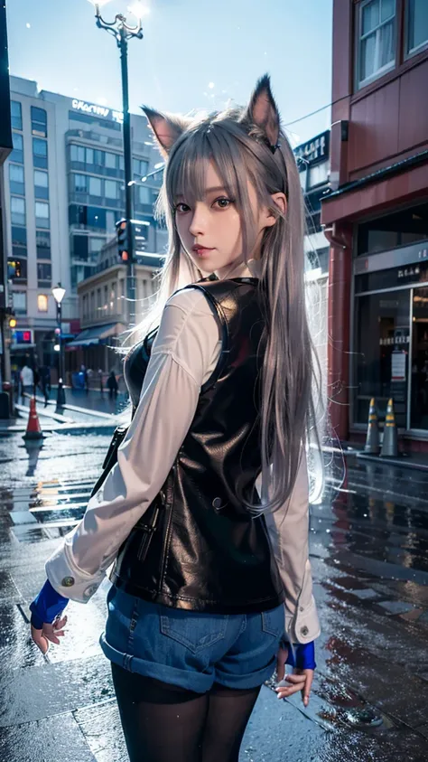 (8k, RAW photo, best quality, masterpiece:1.2), (realistic, photo-realistic), omertosa,1girl,arknights,cute,cityscape, night, rain, wet, city street, professional lighting, photon mapping, radiosity, physically-based rendering,