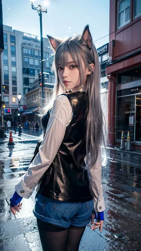 (8k, RAW photo, best quality, masterpiece:1.2), (realistic, photo-realistic), omertosa,1girl,arknights,cute,cityscape, night, rain, wet, city street, professional lighting, photon mapping, radiosity, physically-based rendering,