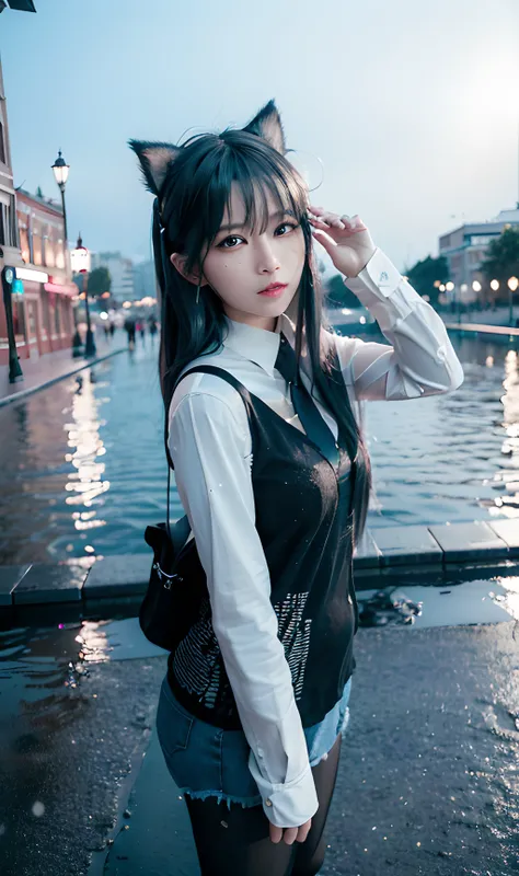 (8k, RAW photo, best quality, masterpiece:1.2), (realistic, photo-realistic:1.37),<lora:koreanDollLikeness_v10:0.5> ,<lora:arknightsTexasThe_v10:1>,omertosa,1girl,(Kpop idol), (aegyo sal:1),cute,cityscape, night, rain, wet, professional lighting, photon mapping, radiosity, physically-based rendering, fuji, Classic negative film