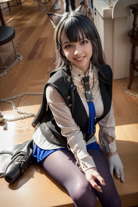 best quality, ultra high res, (photorealistic:1.4), 1girl, large breasts, black silk stockings,(((necklace))), lace-up boots,blazer, button T-shirt, black miniskirt, high heels, looking at viewer, smiling, makeup, sunlight, beside a door