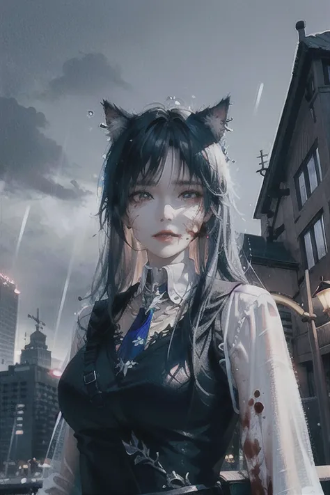 urban, night, rain, cat ears, city, black hair, blood on face,, (RAW photo, best quality, masterpiece:1.2), (realistic, photo-realistic:1.2), professional lighting, photon mapping, radiosity, physically-based rendering, pureerosface_v1,