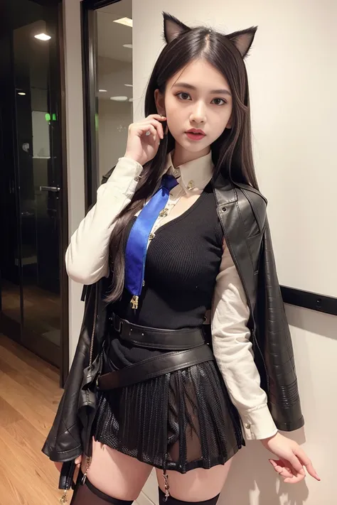 2 girls, 2 women, Omertosa, head, on the street, night club, dark indoor, low lights, holding a glass, city, night, chandeliers, Tokyo, (full body: 0.75), hair dressing, long hair, black hair, black shirt, white shirt, tie, leather tie, silk tie, student dress, open jacket, leather jacket, leather skirt, pleated skirt, short skirt, belt, cat ears, jewelry, pony tails, floating hair, bright eyes, eye makeup, puffy eyes, medium lips, lipstick, dark lipstick, dimple, thin face, beautiful face, detailed face, earrings, feminine, [:(detailed face:1.2):0.2],(looking at viewer:1.2), medium breasts, slim waist, long legs, pretty legs, thigh lace bands, real skin texture, shinny skin, oily skin, posing, supermodel, most viewed, nikon d750 f/1.4 55mm, detailed shadow, (realistic, photo-realistic:1.37),(sharp focus:1.2),(ISO high), (masterpiece,best quality), professional lighting, ultra high res, (ulzzang-6500-v1.1:1) <lora:arknightsTexasThe_v10:0.8> <lora:taiwanDollLikeness_v10:0.5>