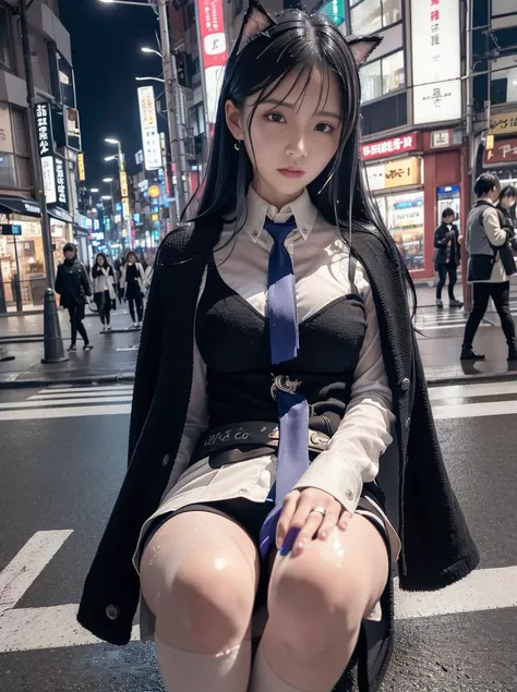 (8k,lecia photo, best quality, masterpiece:1.2), ultra high res, (realistic, photo-realistic:1.37), detailed shadow,long short,Omertosa,(full body),
<lora:koreanDollLikeness_v10:0.2>, <lora:arknightsTexasThe_v10:0.95>,
(1girl),long black hair,[:(detailed round  face:1.2):0.2],animal ear,beautiful eyes,earring,shiny eyes, looking at viewer,
white short shirt,long black open sweater coat,blue tie,black shorts,wet long stocking,
tokyo street,cityscape,night, cyberpunk city,neon light, (pureerosface_v1:0.5),