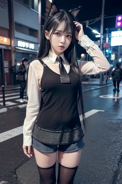 (8k,lecia photo, best quality, masterpiece:1.2), ultra high res, (realistic, photo-realistic:1.37), detailed shadow,long short,Omertosa,(full body),
<lora:koreanDollLikeness_v10:0.2>, <lora:arknightsTexasThe_v10:0.95>,
(1girl),long black hair,[:(detailed round  face:1.2):0.2],animal ear,beautiful eyes,earring,shiny eyes, looking at viewer,
white short shirt,long black open sweater coat,blue tie,black shorts,wet long stocking,
tokyo street,cityscape,night, cyberpunk city,neon light, (pureerosface_v1:0.5),