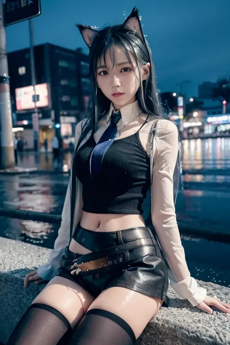 (8k,lecia photo, best quality, masterpiece:1.2), ultra high res, (realistic, photo-realistic:1.37), detailed shadow,long short,Omertosa,(full body),
<lora:koreanDollLikeness_v10:0.3>, <lora:arknightsTexasThe_v10:1>,
(1girl),long black hair,[:(detailed round  face:1.3):0.2],animal ear,earring,beautiful shiny eyes, looking at viewer,
white unbuttoned short shirt,long black open sweater coat,blue tie,black shorts,wet long stocking,
tokyo street,cityscape,night, cyberpunk city,neon light, (pureerosface_v1:0.4),