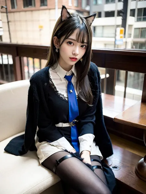 Omertosa, 1girl, head, sitting on sofa, night club, dark indoor, low lights, holding a glass, city, night, chandeliers, Tokyo, full body, hair dressing, long hair, black hair, black shirt, white shirt, tie, leather tie, silk tie, student dress, open jacket, leather jacket, leather skirt, pleated skirt, short skirt, belt, cat ears, jewelry, pony tails, floating hair, bright eyes, light eye makeup, puffy eyes, medium lips, lipstick, dark lipstick, dimple, thin face, beautiful face, detailed face, earrings, feminine, [:(detailed face:1.2):0.2],(looking at viewer:1.2), medium breasts, slim waist, long legs, pretty legs, thigh lace bands, real skin texture, shinny skin, oily skin, posing, supermodel, most viewed, nikon d750 f/1.4 55mm, detailed shadow, (realistic, photo-realistic:1.37),(sharp focus:1.2),(ISO high), (masterpiece,best quality), professional lighting, ultra high res, (ulzzang-6500-v1.1:1) <lora:arknightsTexasThe_v10:1> <lora:japaneseDollLikeness_v10:0.5>,Black pantyhose