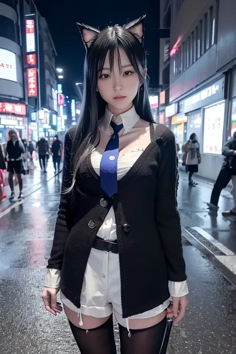 (8k,lecia photo, best quality, masterpiece:1.2), ultra high res, (realistic, photo-realistic:1.37), detailed shadow,long short,Omertosa,(full body),
<lora:koreanDollLikeness_v10:0.2>, <lora:arknightsTexasThe_v10:0.95>,
(1girl),long black hair,[:(detailed round  face:1.2):0.2],animal ear,beautiful eyes,earring,shiny eyes, looking at viewer,
white short shirt,long black open sweater coat,blue tie,black shorts,wet long stocking,
tokyo street,cityscape,night, cyberpunk city,neon light, (pureerosface_v1:0.5),