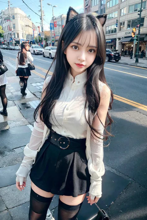 (8k, RAW photo, best quality, masterpiece:1.4), ultra high res, (realistic, photo-realistic:1.48),omertosa,1girl,(Kpop idol), (aegyo sal:1),cute, (super bokeh night city center:1.25), bokeh, night, traffic lights, road sign, rain, after rain, wet, professional lighting, detailed lighting, photon mapping, radiosity, physically-based rendering,White pantyhosebloom, backlighting, depth of field, natural lighting, hard focus, film grain, one meter shooting distance, professional photoshoot, photographed with a Sony a9 II Mirrorless Camera, detailed eyes, realistic eyes, detailed shadow, looking at viewer, dog ears, detailed lighting, skirt, black skirt, thighhighs, black thighhighs, (detailed hair, realistic hair, realistic lighting, realistic shadow, realistic outfit), realistic skin, (gun on waist:1), realistic reflection of light from above, <lora:japaneseDollLikeness_v10:0.33>,<lora:koreanDollLikeness_v15:0.66>,<lora:arknightsTexasThe_v10:0.95>,((arms behind back)),(hands behind),tube top,sexy,night,wet,raining,white stockings