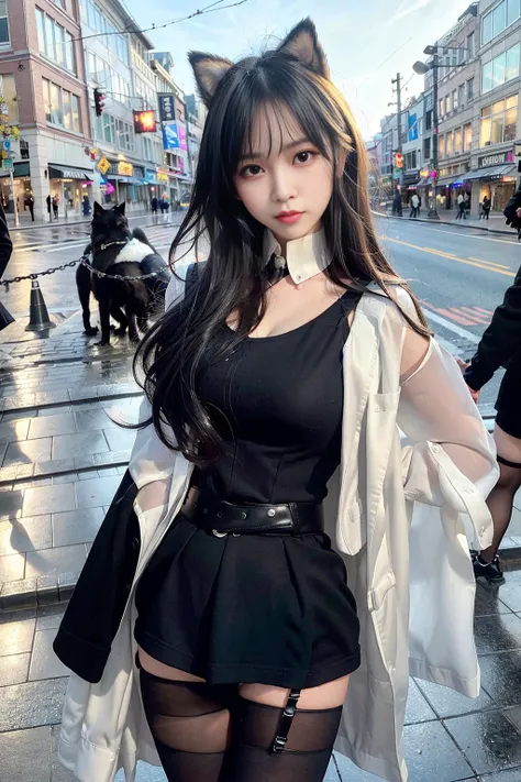 (8k, RAW photo, best quality, masterpiece:1.4), ultra high res, (realistic, photo-realistic:1.48),omertosa,1girl,(Kpop idol), (aegyo sal:1),cute, (super bokeh night city center:1.25), bokeh, night, traffic lights, road sign, rain, after rain, wet, professional lighting, detailed lighting, photon mapping, radiosity, physically-based rendering,Black pantyhosebloom, backlighting, depth of field, natural lighting, hard focus, film grain, one meter shooting distance, professional photoshoot, photographed with a Sony a9 II Mirrorless Camera, detailed eyes, realistic eyes, detailed shadow, looking at viewer, dog ears, detailed lighting, skirt, black skirt, thighhighs, black thighhighs, (detailed hair, realistic hair, realistic lighting, realistic shadow, realistic outfit), realistic skin, (gun on waist:1), realistic reflection of light from above, <lora:japaneseDollLikeness_v10:0.33>,<lora:koreanDollLikeness_v15:0.66>,<lora:arknightsTexasThe_v10:0.95>,((arms behind back)),(hands behind),tube top,sexy,night,wet,raining