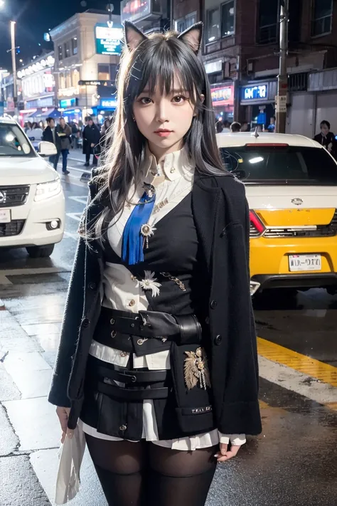 (8k, RAW photo, best quality, masterpiece:1.4), ultra high res, (realistic, photo-realistic:1.48),omertosa,1girl,(Kpop idol), (aegyo sal:1),cute, (super bokeh night city center:1.25), bokeh, night, traffic lights, road sign, rain, wet, professional lighting, detailed lighting, photon mapping, radiosity, physically-based rendering, <lora:8750:0.5>,Black pantyhosebloom, backlighting, depth of field, natural lighting, hard focus, film grain, one meter shooting distance, professional photoshoot, photographed with a Sony a9 II Mirrorless Camera, detailed eyes, realistic eyes, detailed shadow, looking at viewer, dog ears, detailed lighting, skirt, black skirt, thighhighs, black thighhighs, (detailed hair, realistic hair, realistic lighting, realistic shadow, realistic outfit), realistic skin, gun on waist, soft reflection of light from above