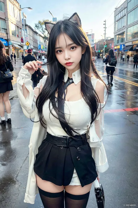 (8k, RAW photo, best quality, masterpiece:1.4), ultra high res, (realistic, photo-realistic:1.48),omertosa,1girl,(Kpop idol), (aegyo sal:1),cute, (super bokeh night city center:1.25), bokeh, night, traffic lights, road sign, rain, after rain, wet, professional lighting, detailed lighting, photon mapping, radiosity, physically-based rendering,White pantyhosebloom, backlighting, depth of field, natural lighting, hard focus, film grain, one meter shooting distance, professional photoshoot, photographed with a Sony a9 II Mirrorless Camera, detailed eyes, realistic eyes, detailed shadow, looking at viewer, dog ears, detailed lighting, skirt, black skirt, thighhighs, black thighhighs, (detailed hair, realistic hair, realistic lighting, realistic shadow, realistic outfit), realistic skin, (gun on waist:1), realistic reflection of light from above, <lora:japaneseDollLikeness_v10:0.33>,<lora:koreanDollLikeness_v15:0.66>,<lora:arknightsTexasThe_v10:0.95>,((arms behind back)),(hands behind),tube top,sexy,night,wet,raining,white stockings