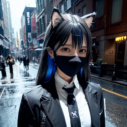 (8k, RAW photo, best quality, masterpiece:1.2), (realistic, photo-realistic:1.37), (at night), 1girl, ((omertosa)), (head), wolf ears, wolf girl, black hair, (cowboy shot), (Kpop idol), (aegyo sal:1), street, rain, wet, professional lighting, photon mapping, radiosity, physically-based rendering, black sontag, black trendy mask, black jacket, white sleeves, white shirt, (((blue necktie))), gucci gangs, gucci gangs, wolf ears, hands behind back,