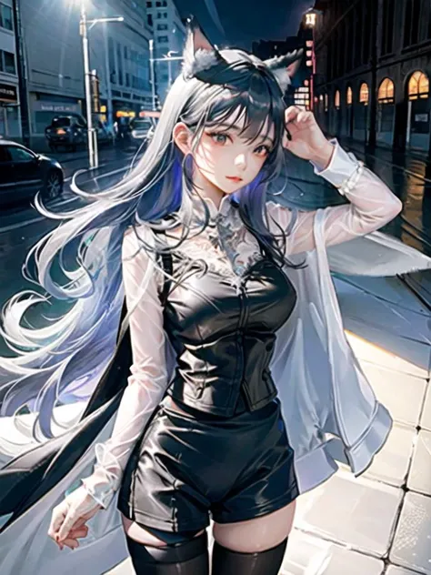 omertosa,head,ghibli style,shiny eyes,beautiful detailed eyes,elegant eyelashes,beautiful detailed face,
(8k,best quality, masterpiece:1.4), ultra high res, 1girl,cute,detailed eyes,thighhighs, Black pantyhosebloom, skirt, black skirt, black thighhighs,tube top,sexy,navel, crop top, miniskirt, cameltoe, dog ears, ((arms behind back)),(hands behind),looking at viewer, (super bokeh night city center:1.25), bokeh, night, traffic lights, road sign, rain, after rain, wet, professional lighting, detailed lighting, detailed shadow,photon mapping, radiosity, physically-based rendering,backlighting, depth of field, natural lighting, hard focus, film grain, (one meter shooting distance:0.0), professional photoshoot, photographed with a Sony a9 II Mirrorless Camera,detailed lighting, (realistic, photo-realistic:1.48),(RAW photo:1.4),(detailed hair, realistic hair, realistic lighting, realistic shadow, realistic outfit), realistic skin, realistic eyes, realistic reflection of light from above, Kpop idol, aegyo sal:1, <lora:japaneseDollLikeness_v10:0.33> <lora:koreanDollLikeness_v15:0.66>, <lora:arknightsTexasThe_v10:0.95>, <hypernet:Cornflower_Phantom:1>