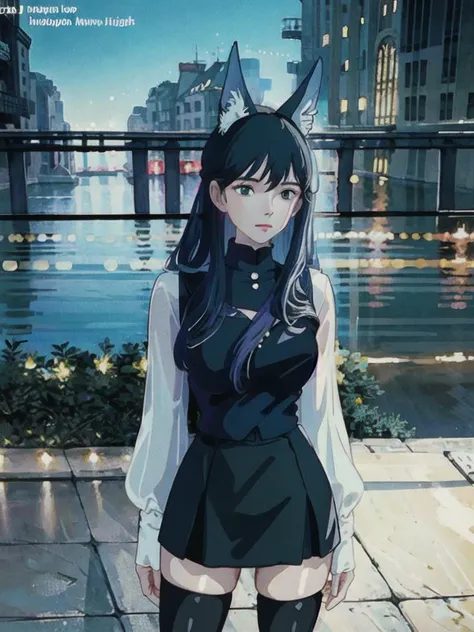 omertosa,head,ghibli style,shiny eyes,beautiful detailed eyes,elegant eyelashes,beautiful detailed face,
(8k,best quality, masterpiece:1.4), ultra high res, 1girl,cute,detailed eyes,thighhighs, Black pantyhosebloom, skirt, black skirt, black thighhighs,tube top,sexy,navel, crop top, miniskirt, cameltoe, dog ears, ((arms behind back)),(hands behind),looking at viewer, (super bokeh night city center:1.25), bokeh, night, traffic lights, road sign, rain, after rain, wet, professional lighting, detailed lighting, detailed shadow,photon mapping, radiosity, physically-based rendering,backlighting, depth of field, natural lighting, hard focus, film grain, (one meter shooting distance:0.0), professional photoshoot, photographed with a Sony a9 II Mirrorless Camera,detailed lighting, (realistic, photo-realistic:1.48),(RAW photo:1.4),(detailed hair, realistic hair, realistic lighting, realistic shadow, realistic outfit), realistic skin, realistic eyes, realistic reflection of light from above, Kpop idol, aegyo sal:1, <lora:japaneseDollLikeness_v10:0.33> <lora:koreanDollLikeness_v15:0.66>, <lora:arknightsTexasThe_v10:0.95>,
 <lora:studioGhibliStyle_offset:1> <hypernet:Cornflower_Phantom:1>