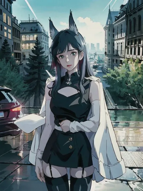 omertosa,head,ghibli style,shiny eyes,beautiful detailed eyes,elegant eyelashes,beautiful detailed face,
(8k,best quality, masterpiece:1.4), ultra high res, 1girl,cute,detailed eyes,thighhighs, Black pantyhosebloom, skirt, black skirt, black thighhighs,tube top,sexy,navel, crop top, miniskirt, cameltoe, dog ears, ((arms behind back)),(hands behind),looking at viewer, (super bokeh night city center:1.25), bokeh, night, traffic lights, road sign, rain, after rain, wet, professional lighting, detailed lighting, detailed shadow,photon mapping, radiosity, physically-based rendering,backlighting, depth of field, natural lighting, hard focus, film grain, (one meter shooting distance:0.0), professional photoshoot, photographed with a Sony a9 II Mirrorless Camera,detailed lighting, (realistic, photo-realistic:1.48),(RAW photo:1.4),(detailed hair, realistic hair, realistic lighting, realistic shadow, realistic outfit), realistic skin, realistic eyes, realistic reflection of light from above, Kpop idol, aegyo sal:1, <lora:japaneseDollLikeness_v10:0.33> <lora:koreanDollLikeness_v15:0.66>, <lora:arknightsTexasThe_v10:0.95>,
<lora:studioGhibliStyle_offset:1> <hypernet:Cornflower_Phantom:1>