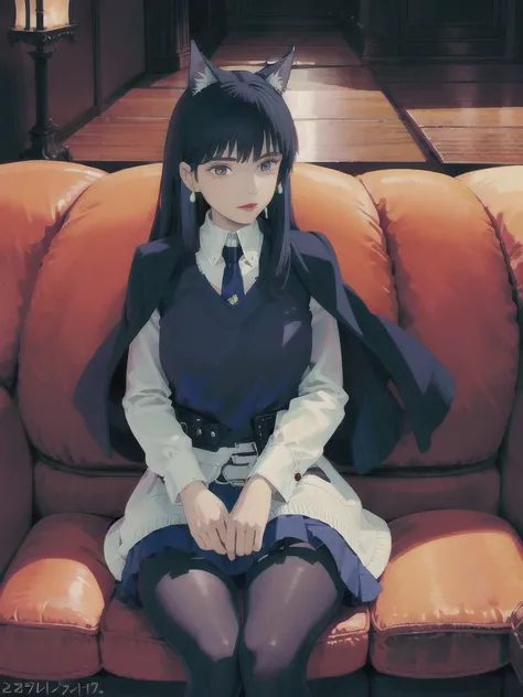 Omertosa, 1girl, head, sitting on sofa, night club, dark indoor, low lights, holding a glass, city, night, chandeliers, Tokyo, full body, hair dressing, long hair, black hair, black shirt, white shirt, tie, leather tie, silk tie, student dress, open jacket, leather jacket, leather skirt, pleated skirt, short skirt, belt, cat ears, jewelry, pony tails, floating hair, bright eyes, light eye makeup, puffy eyes, medium lips, lipstick, dark lipstick, dimple, thin face, beautiful face, detailed face, earrings, feminine, [:(detailed face:1.2):0.2],(looking at viewer:1.2), medium breasts, slim waist, long legs, pretty legs, thigh lace bands, real skin texture, shinny skin, oily skin, posing, supermodel, most viewed, nikon d750 f/1.4 55mm, detailed shadow, (realistic, photo-realistic:1.37),(sharp focus:1.2),(ISO high), (masterpiece,best quality), professional lighting, ultra high res, (ulzzang-6500-v1.1:1) <lora:arknightsTexasThe_v10:1> <lora:japaneseDollLikeness_v10:0.5>,Black pantyhose,
 <lora:studioGhibliStyle_offset:1>