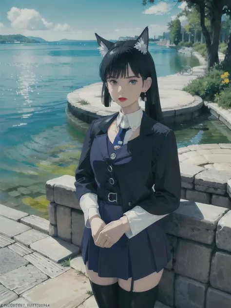 1girl, Omertosa, head, outdoor, day light, industrial, beach side, tourist,Tokyo, full body, hair dressing, long hair, black hair, black shirt, white shirt, tie, leather tie, silk tie, student dress, open jacket, leather jacket, leather skirt, pleated skirt, short skirt, belt, cat ears, jewelry, pony tails, floating hair, bright eyes, light eye makeup, puffy eyes, medium lips, lipstick, dark lipstick, dimple, thin face, beautiful face, detailed face, earrings, feminine, [:(detailed face:1.2):0.2],(looking at viewer:1.2), medium breasts, slim waist, long legs, pretty legs, thigh lace bands, real skin texture, shinny skin, oily skin, posing, supermodel, most viewed, nikon d750 f/1.4 55mm, detailed shadow, (realistic, photo-realistic:1.37),(sharp focus:1.2),(ISO high), (masterpiece,best quality), professional lighting, ultra high res, (ulzzang-6500-v1.1:1) <lora:arknightsTexasThe_v10:1> <lora:japaneseDollLikeness_v10:0.5>,Black pantyhose, <lora:studioGhibliStyle_offset:1>