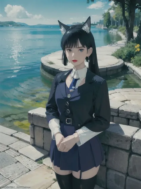 1girl, Omertosa, head, outdoor, day light, industrial, beach side, tourist,Tokyo, full body, hair dressing, long hair, black hair, black shirt, white shirt, tie, leather tie, silk tie, student dress, open jacket, leather jacket, leather skirt, pleated skirt, short skirt, belt, cat ears, jewelry, pony tails, floating hair, bright eyes, light eye makeup, puffy eyes, medium lips, lipstick, dark lipstick, dimple, thin face, beautiful face, detailed face, earrings, feminine, [:(detailed face:1.2):0.2],(looking at viewer:1.2), medium breasts, slim waist, long legs, pretty legs, thigh lace bands, real skin texture, shinny skin, oily skin, posing, supermodel, most viewed, nikon d750 f/1.4 55mm, detailed shadow, (realistic, photo-realistic:1.37),(sharp focus:1.2),(ISO high), (masterpiece,best quality), professional lighting, ultra high res, (ulzzang-6500-v1.1:1) <lora:arknightsTexasThe_v10:1> <lora:japaneseDollLikeness_v10:0.5>,Black pantyhose, <lora:studioGhibliStyle_offset:1>
