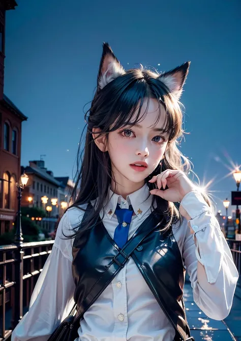 (8k, RAW photo, highly sensitive, best quality, masterpiece, ultra high res, photorealistic:1.25),full body, dog ears, night, raining, walking, city light, <lora:arknightsTexasThe_v10:0.9> <lora:koreanPonytailLora_v10:0.4>