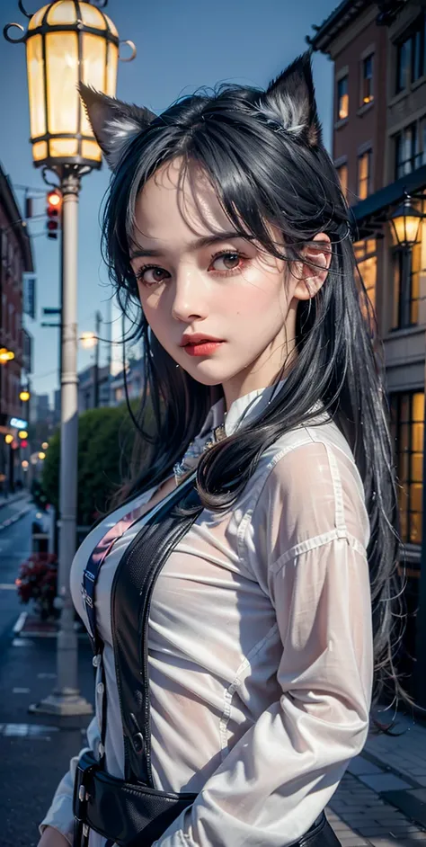 (8k, RAW photo, highly sensitive, best quality, masterpiece, ultra high res, photorealistic:1.25),full body, dog ears, (night), raining, walking, city light, <lora:arknightsTexasThe_v10:0.9> <lora:koreanPonytailLora_v10:0.4>