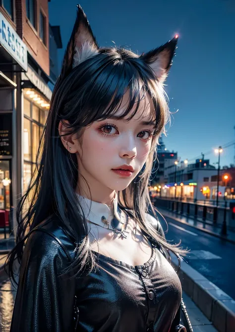 (8k, RAW photo, highly sensitive, best quality, masterpiece, ultra high res, photorealistic:1.25), upper body, dog ears, night, raining, walking, city light, <lora:arknightsTexasThe_v10:0.9> <lora:koreanPonytailLora_v10:0.4>