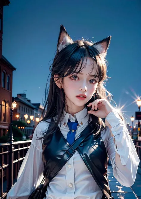 (8k, RAW photo, highly sensitive, best quality, masterpiece, ultra high res, photorealistic:1.25),full body, dog ears, night, raining, walking, city light, <lora:arknightsTexasThe_v10:0.9> <lora:koreanPonytailLora_v10:0.4>