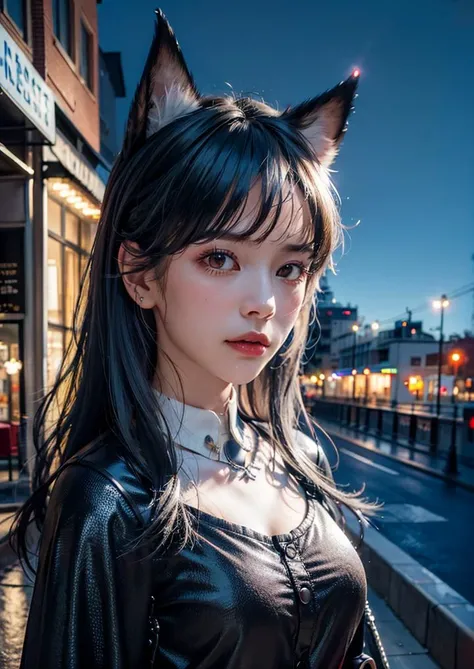 (8k, RAW photo, highly sensitive, best quality, masterpiece, ultra high res, photorealistic:1.25), upper body, dog ears, night, raining, walking, city light, <lora:arknightsTexasThe_v10:0.9> <lora:koreanPonytailLora_v10:0.4>