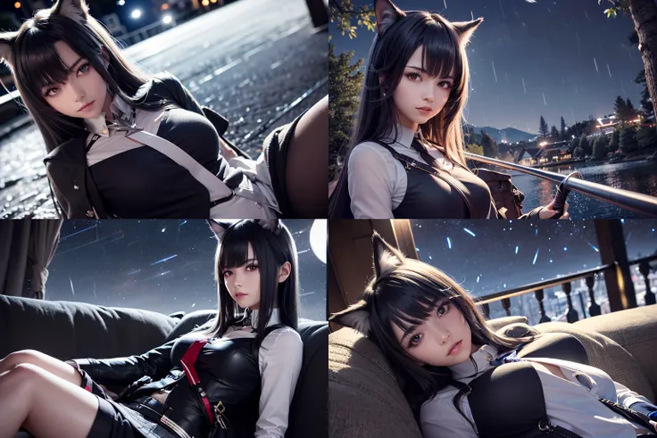 a perfect photo of a black haired girl with wolf ears striking a pose with a sword, she is surrounded by tall trees, looking at viewer, red eyes, (night:2), beautiful face, seifuku, soft lighting, arknights, small breasts, detailed strands of hair, (masterpiece, high quality:1.4, best quality, 4k UHD, photorealistic:1.4, upper body, hyper realistic), 1girl, <lora:arknightsTexasThe_v10:0.7> omertosa