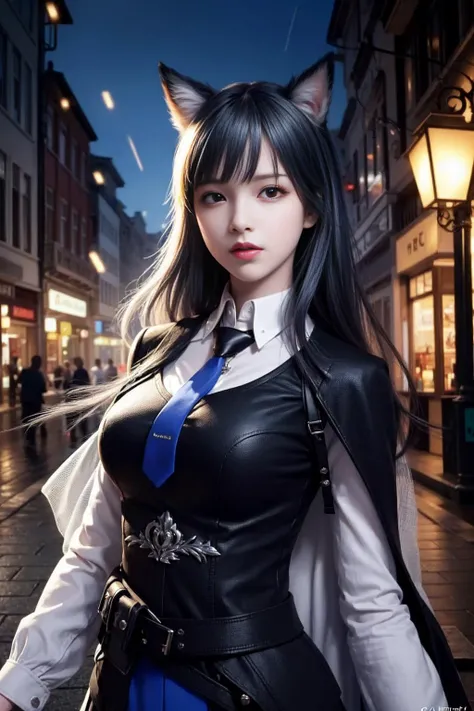 {an extremely delicate and beautiful girl}, cg 8k wallpaper, masterpiece, cold expression, handsome, medium breastsupper body, looking at viewer, school uniform, sailor suit,serafuku, messy long hair, big eyes, beautiful detailed eyes {{a black cross hairpin}}, handsome,Hair glows,dramatic angle,, (8k, RAW photo, highly sensitive, best quality, masterpiece, ultra high res,  photorealistic:1.25), upper body, dog ears, night, raining, walking, city light,